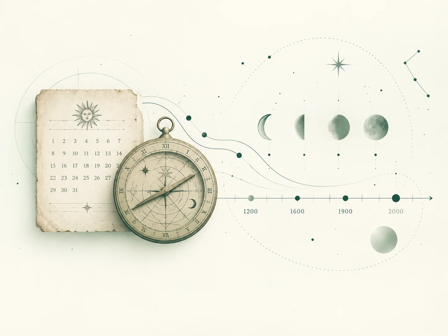 Illustrated timeline connecting historical calendar pages with astronomical date references.