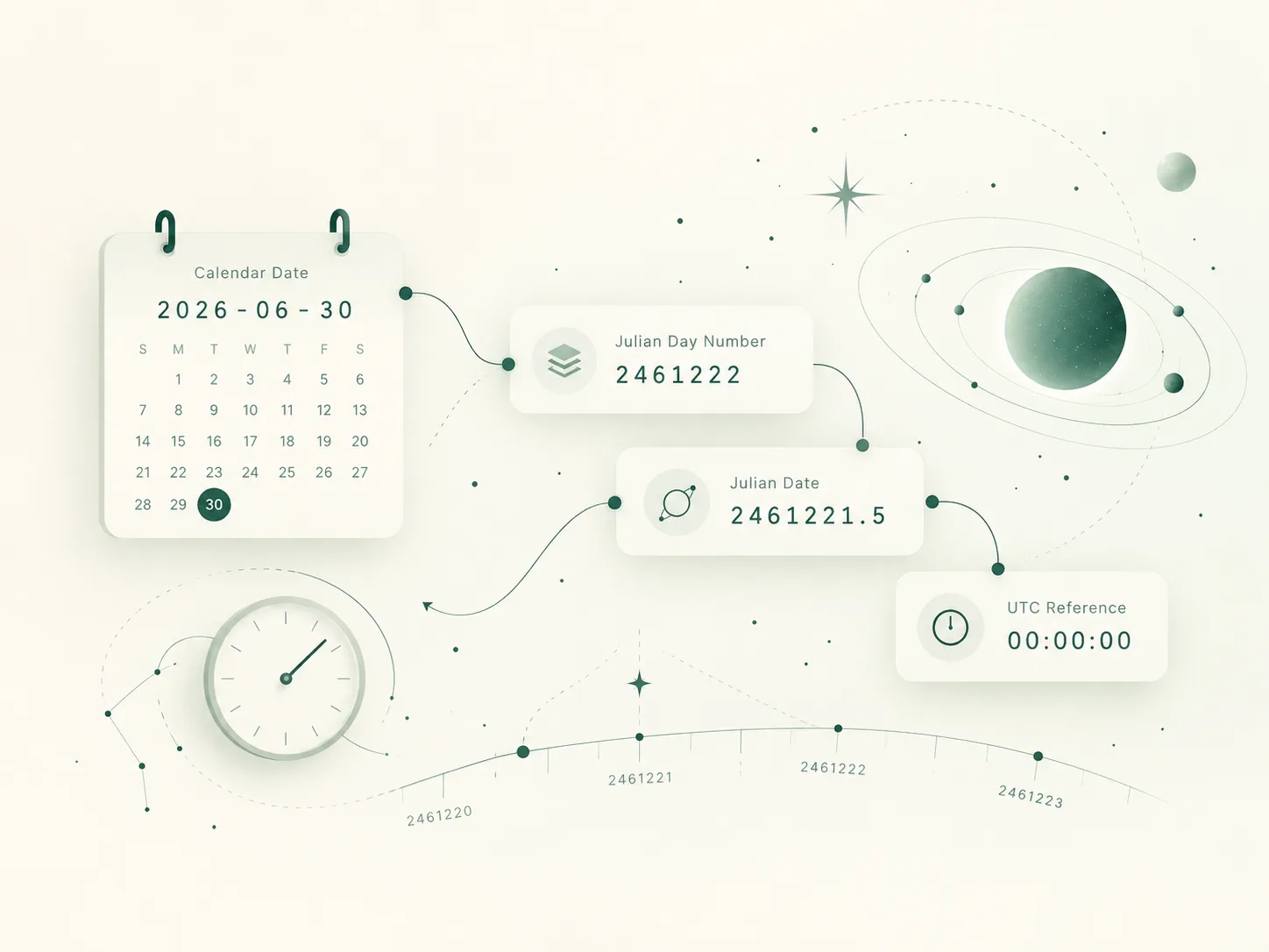 Calendar date connected to Julian Day Number, Julian Date, and UTC reference values across a starry timeline.